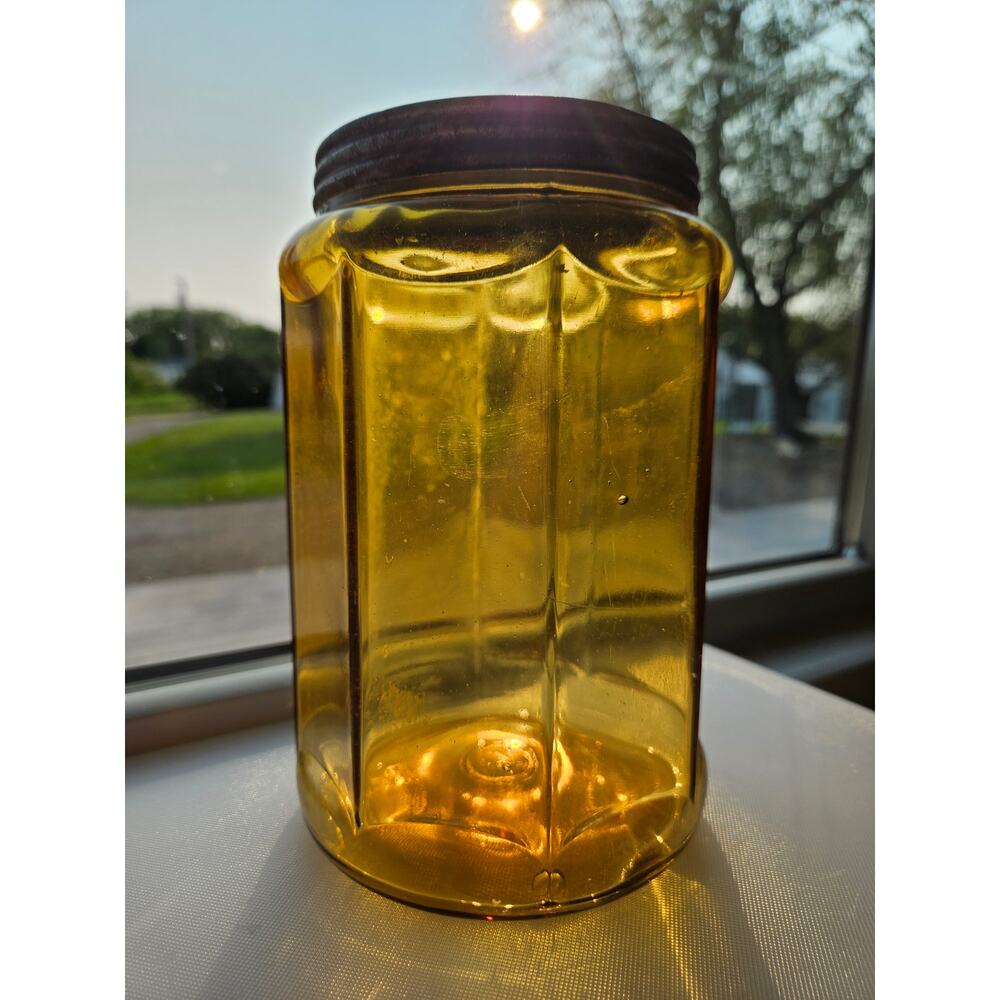 Antique pressed glass amber canister 8 sided tobacco canister with metal lid
